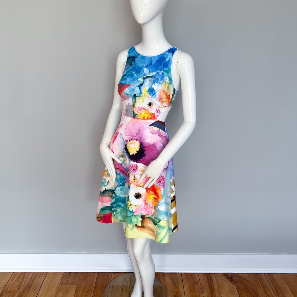 Clover Canyon Fit & Flare Summer Short Dress Scuba Neoprene Sleeveless Cutout S